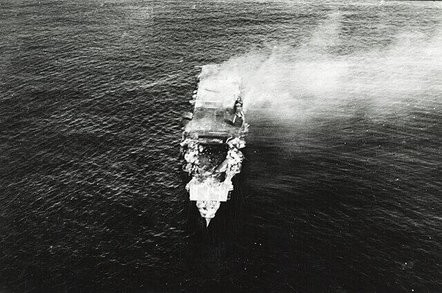 Japanese carrier Hiryu adrift and burning