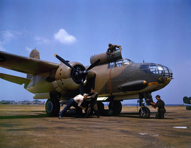 Douglas A-20 Havoc with mechanics working on it