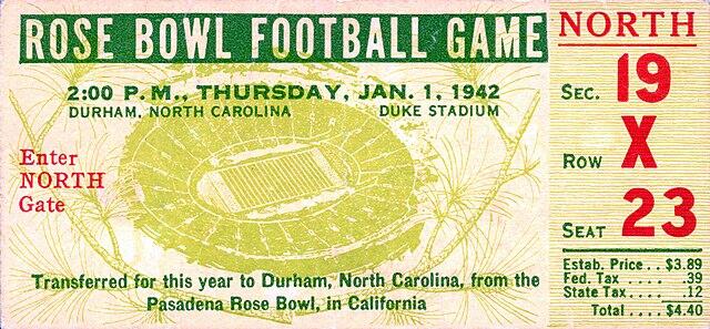 Ticket for the 1942 Rose Bowl at Duke Stadium