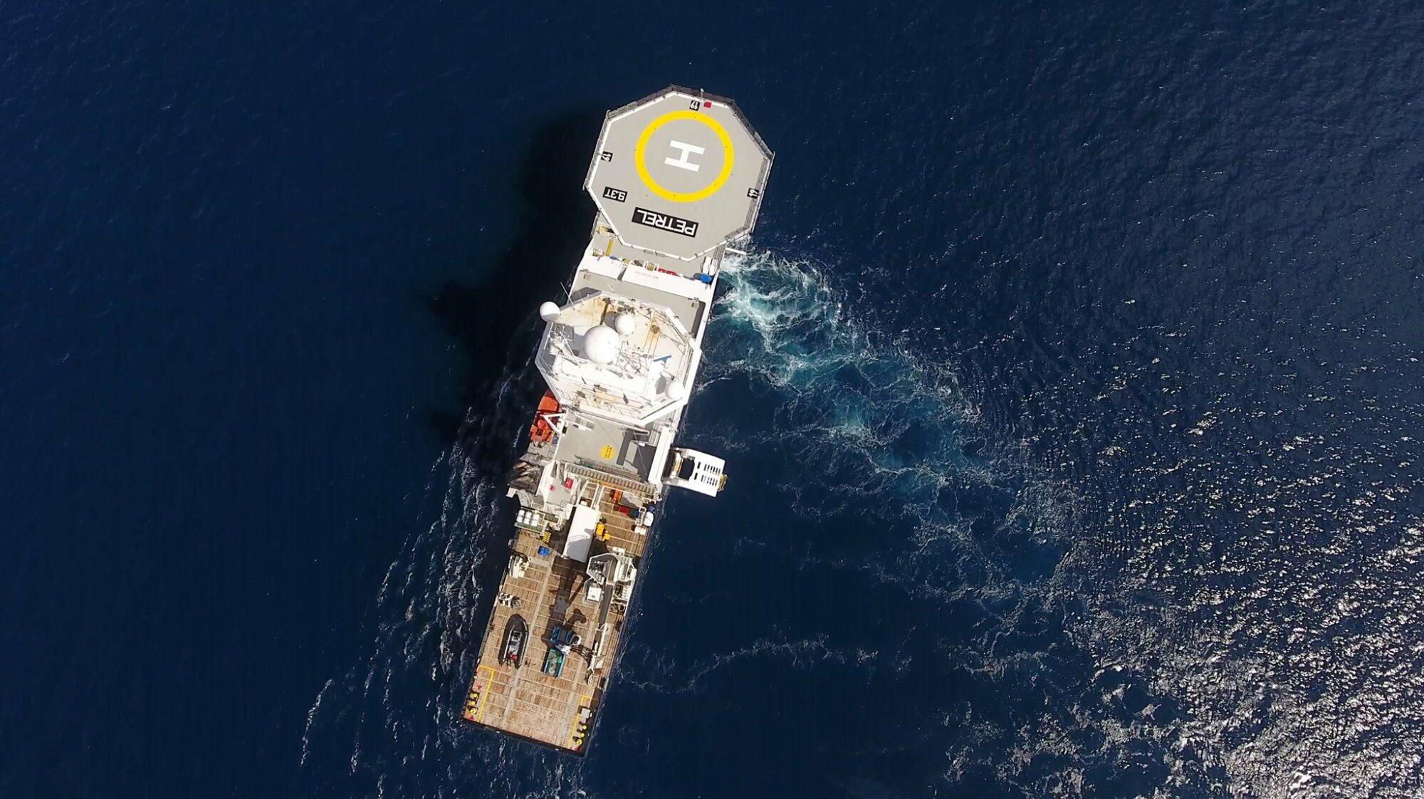 RV Petrel in the ocean from above