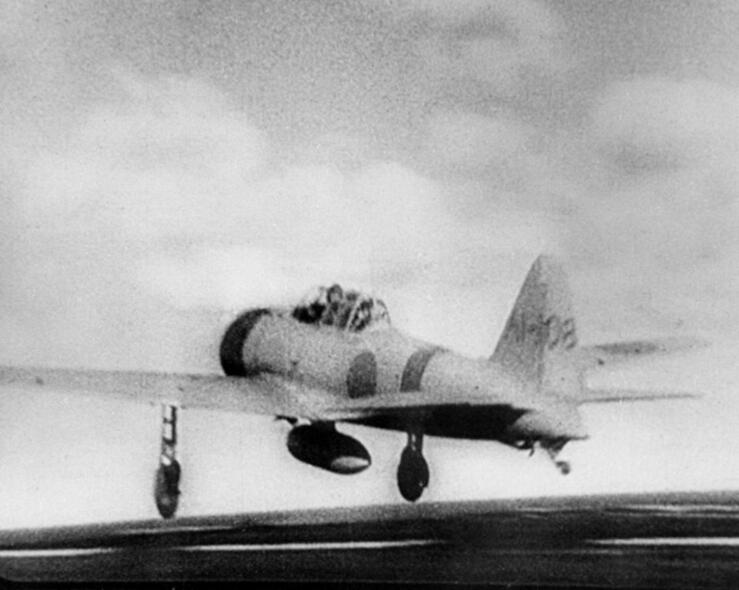 Japanese Zero plane taking off from aircraft carrier Akagi on the way to the attack on Pearl Harbor Dec. 7, 1941