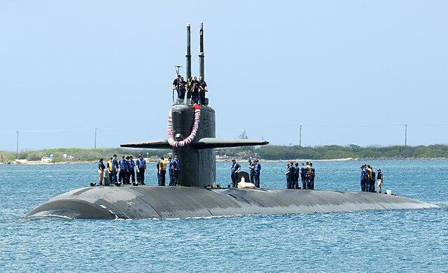 The Los Angeles-class attack submarine USS Oklahoma City arrives at Guam.