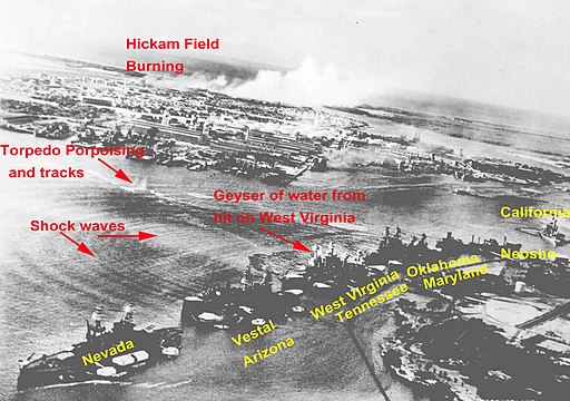 Pearl harbor 12-7-41 from attacking plane Nara 80-G-30550 annotated