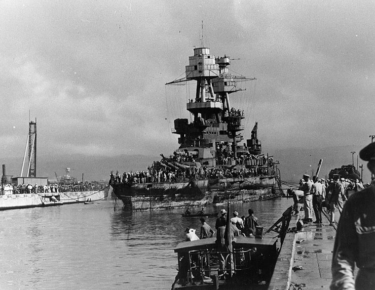 Nevada enters drydock on 18 Feb 1942 after refloating NHC- 83056.jpg