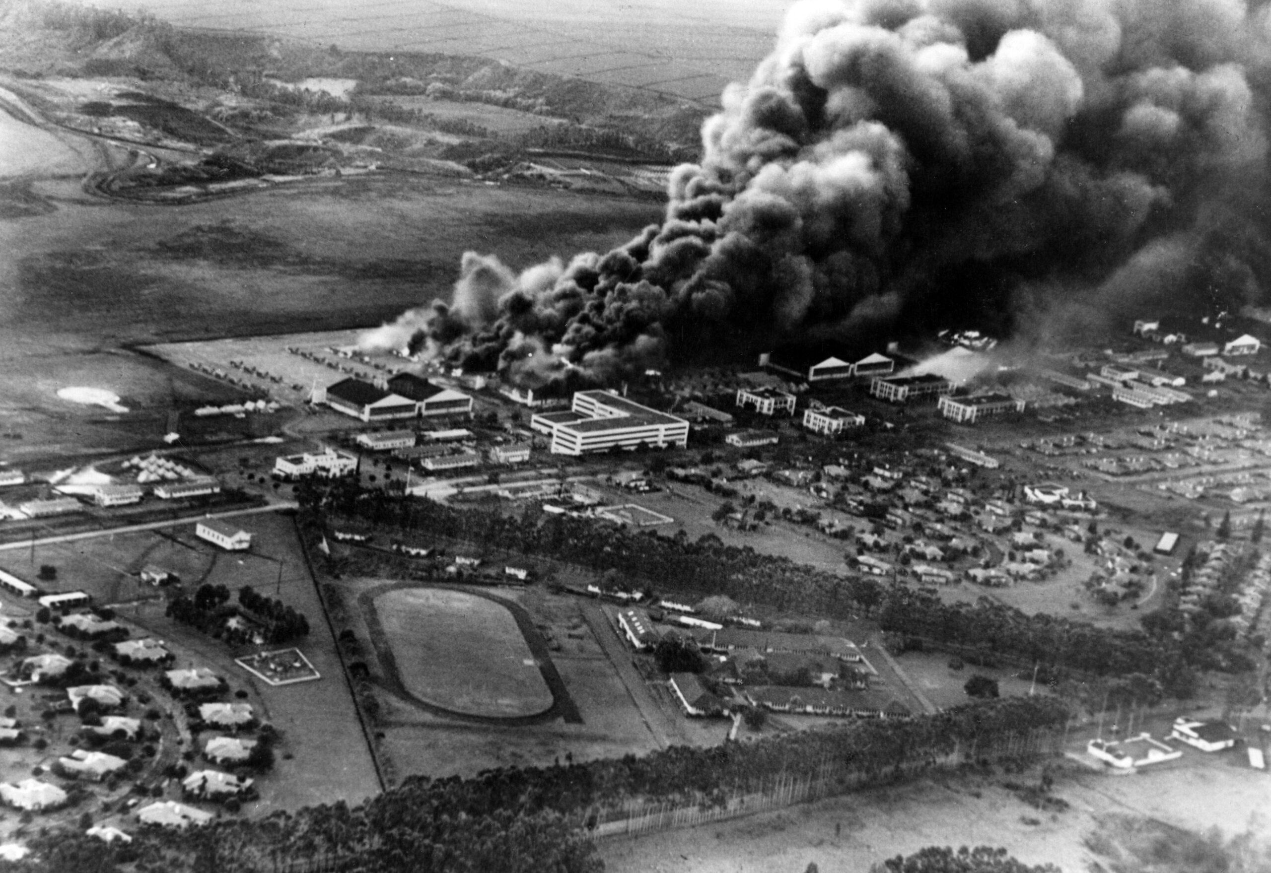 Wheeler Field in flames December 7, 1941