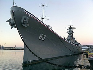 The USS Missouri at sunset in Pearl Harbor