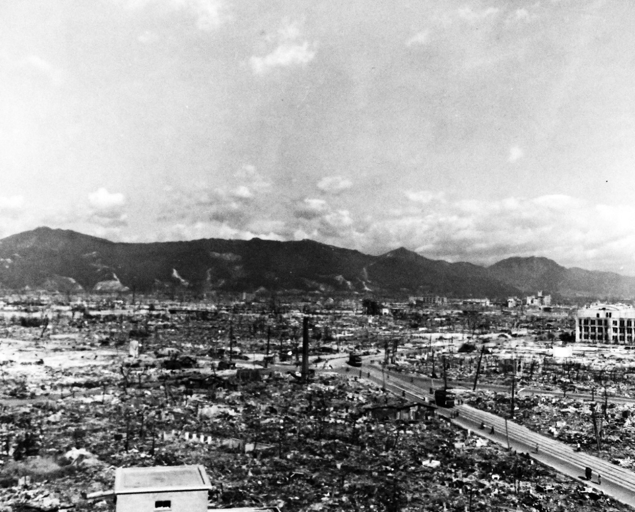 The devastation of the atomic bomb in Hiroshima Japan, 1945.