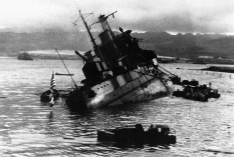 USS Utah (BB-31/AG-16) capsizing, 7 December, 1941, as seen from USS Tangier (AV-8)