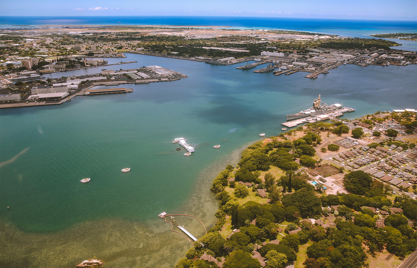 Aerial view of USS Arizona Memorial and Battleship Missouri